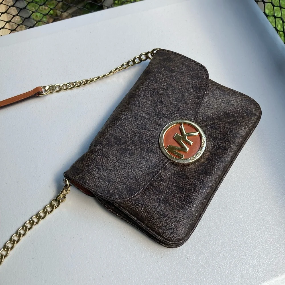 Michael Kors Brown Fulton Flap Gusset Crossbody Brown Envelope Purse Gold Chain